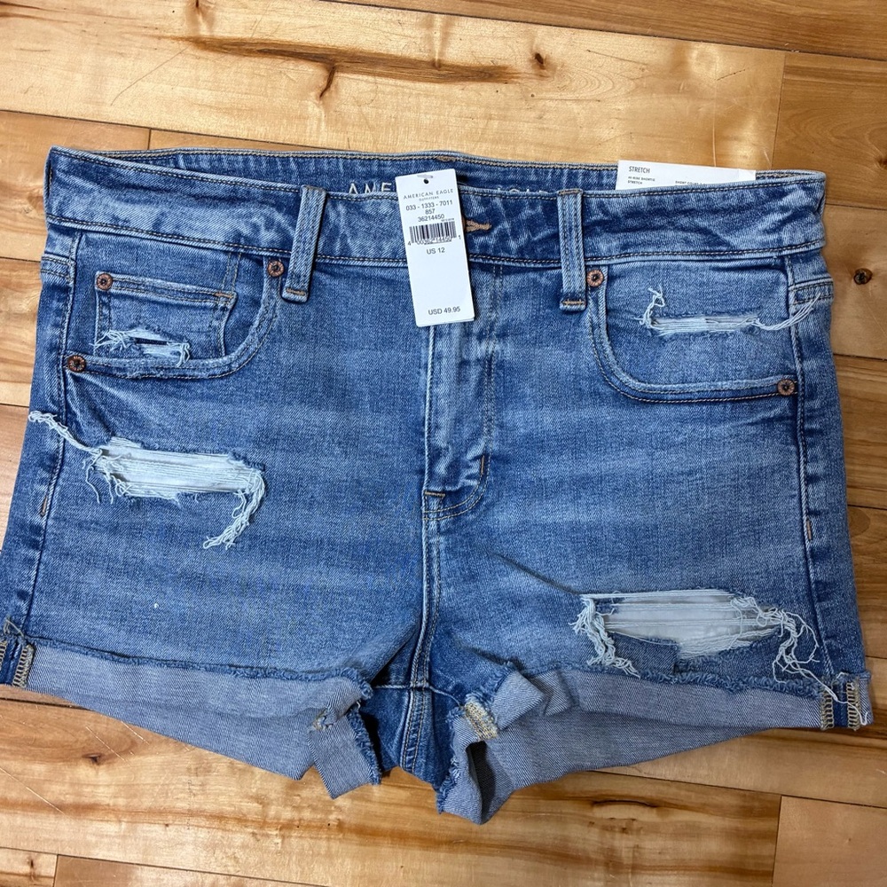 American Eagle Outfitters Distressed Roll-Cuff Denim Shorts - Blue